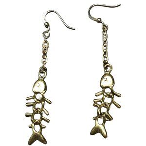 Micha Designs Earrings Dangle Gold Fishbone Brass Fish Skeleton Bones Drop 2.5”